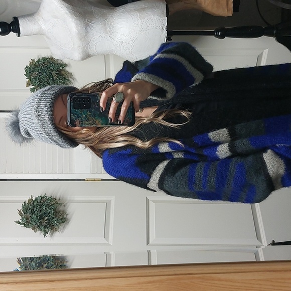 1980's Vintage oversized Sweater Coat Blue, Black & Gray, Amazing Piece, Mohair - Picture 7 of 16